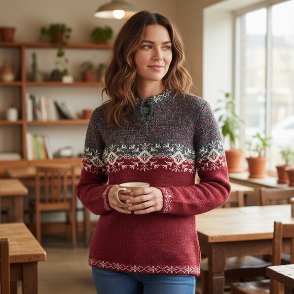 Woolrich Fair Isle Sweater Red Gray Wool Blend Metal Frog Closure Women's Small - Picture 2 of 7